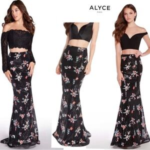 Alyce Paris Black Sequin floral flower embroidered maxi skirt evening formal 0